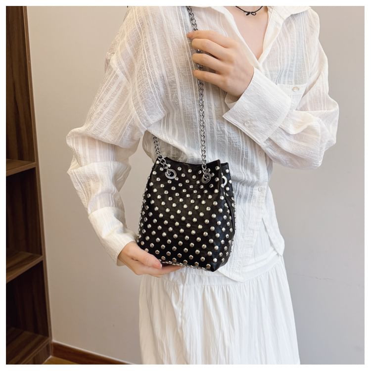 Leaf Embroidered Sequin Chain Strap Bucket Bag / Studded Faux Leather Bucket Bag