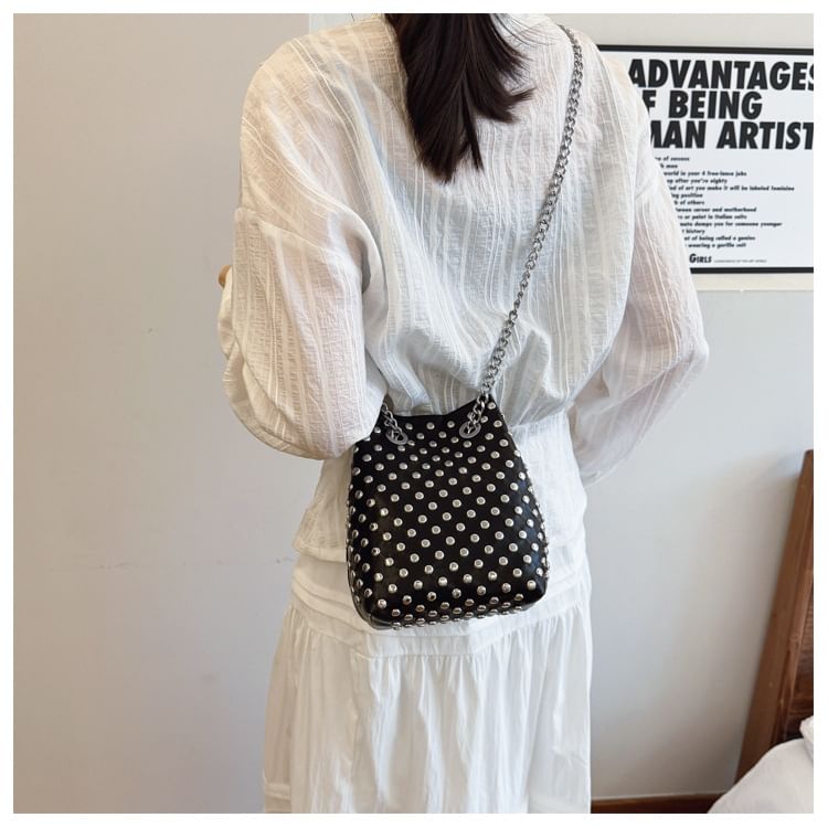 Leaf Embroidered Sequin Chain Strap Bucket Bag / Studded Faux Leather Bucket Bag