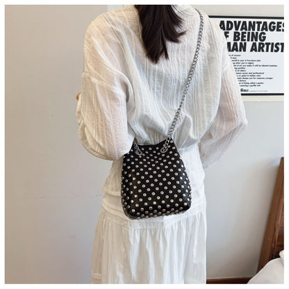 Leaf Embroidered Sequin Chain Strap Bucket Bag / Studded Faux Leather Bucket Bag