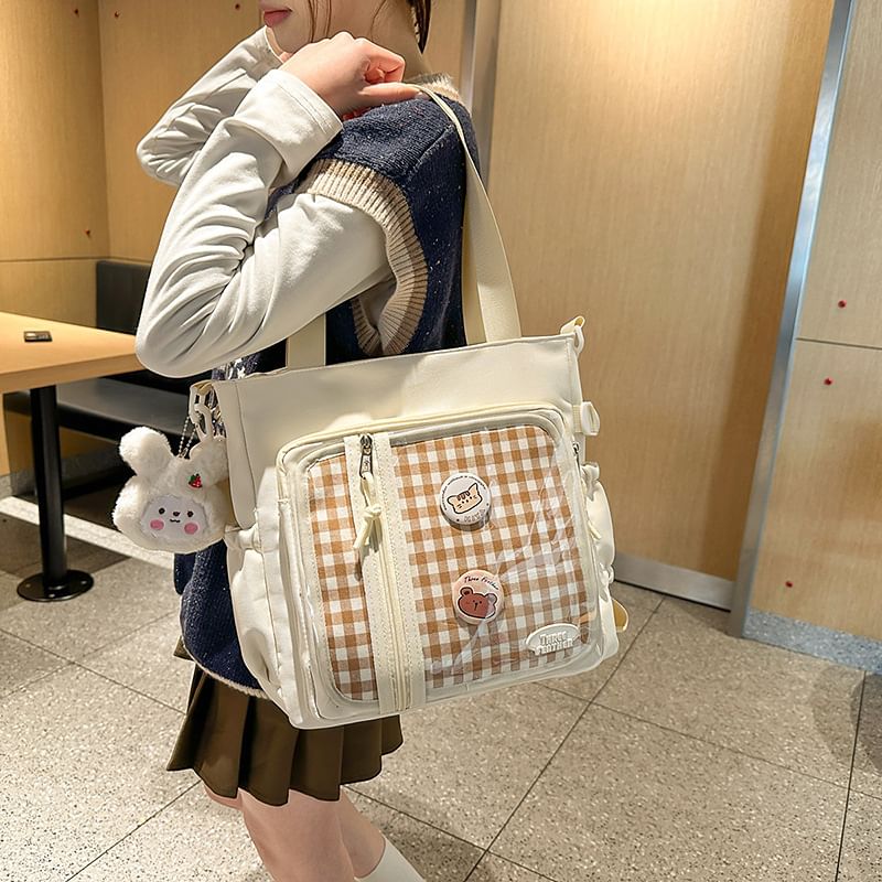 Set: Gingham Multi-Pocket Tote Bag + Badge