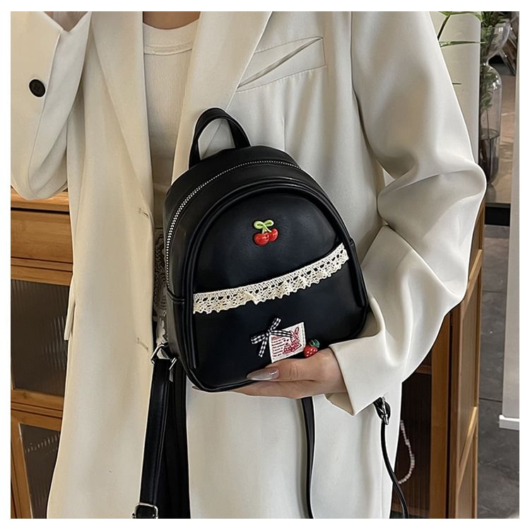 Applique Lace Trim Faux Leather Backpack