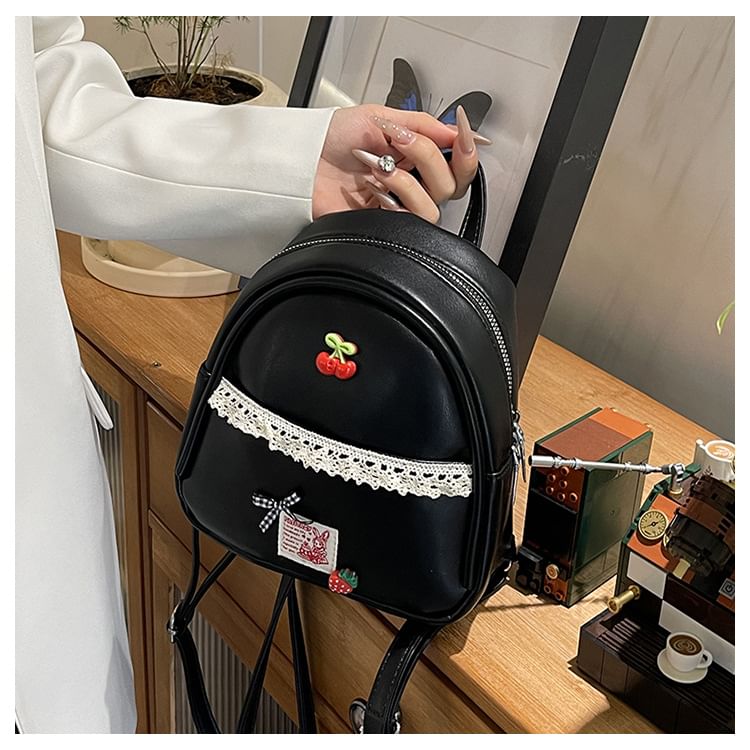 Applique Lace Trim Faux Leather Backpack
