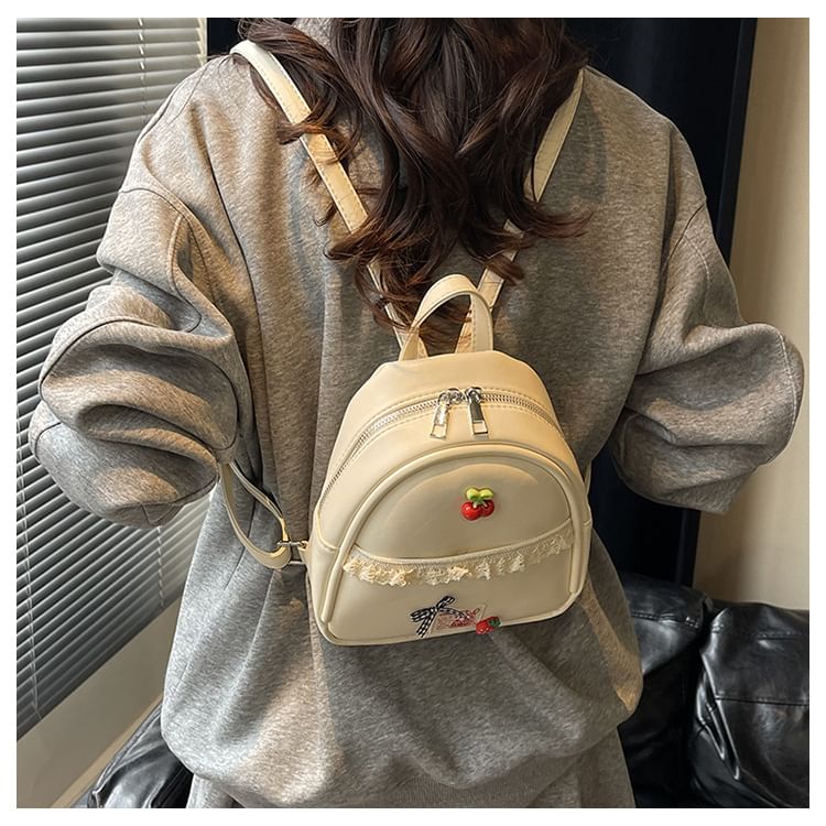 Applique Lace Trim Faux Leather Backpack