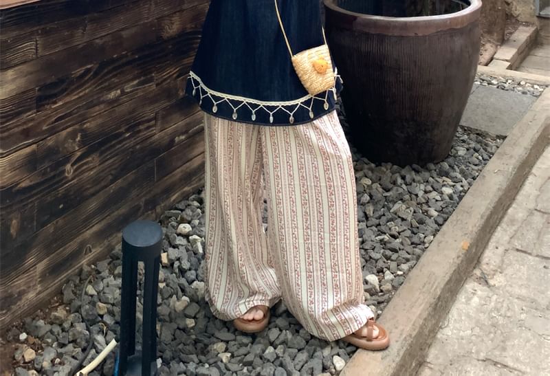 Spaghetti Strap V-Neck Mini A-Line Dress / High Rise Striped Wide Leg Pants