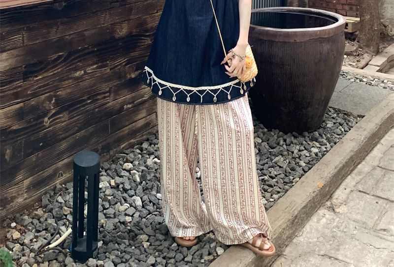 Spaghetti Strap V-Neck Mini A-Line Dress / High Rise Striped Wide Leg Pants