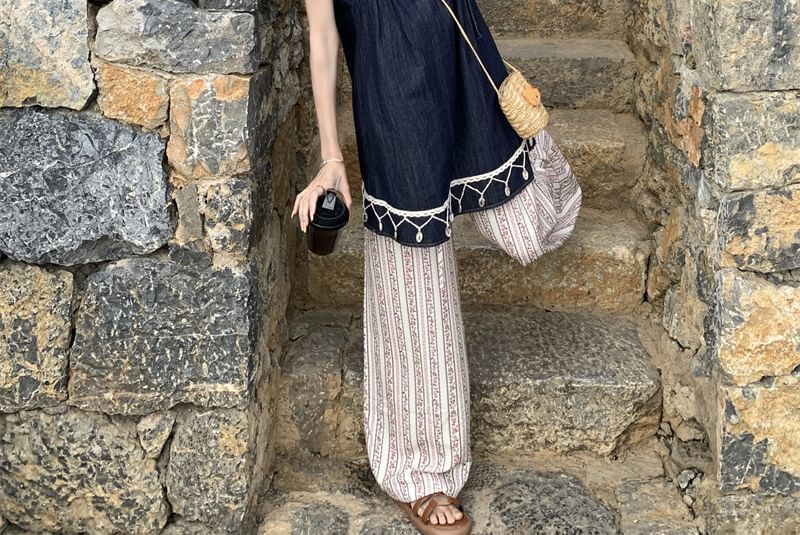 Spaghetti Strap V-Neck Mini A-Line Dress / High Rise Striped Wide Leg Pants
