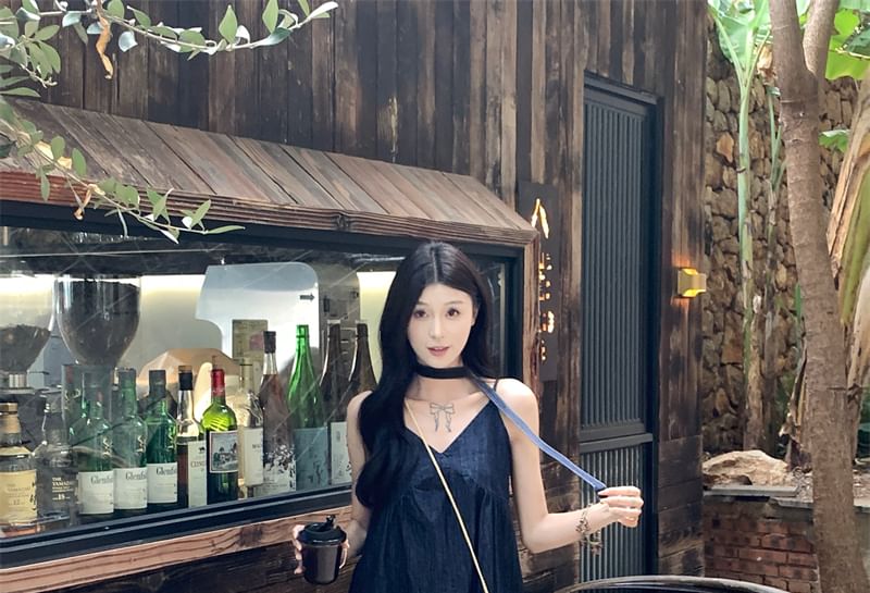 Spaghetti Strap V-Neck Mini A-Line Dress / High Rise Striped Wide Leg Pants