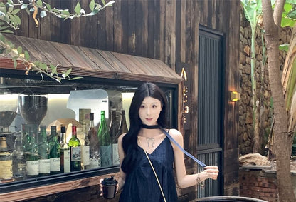 Spaghetti Strap V-Neck Mini A-Line Dress / High Rise Striped Wide Leg Pants