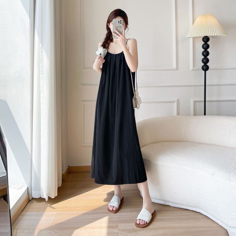 Spaghetti Strap Scoop Neck Plain Maxi A-Line Dress