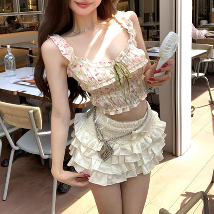 Floral Print Bow Frill Panel Crop Camisole Top / Elastic Waist Plain Bow Tiered Mini A-Line Skirt