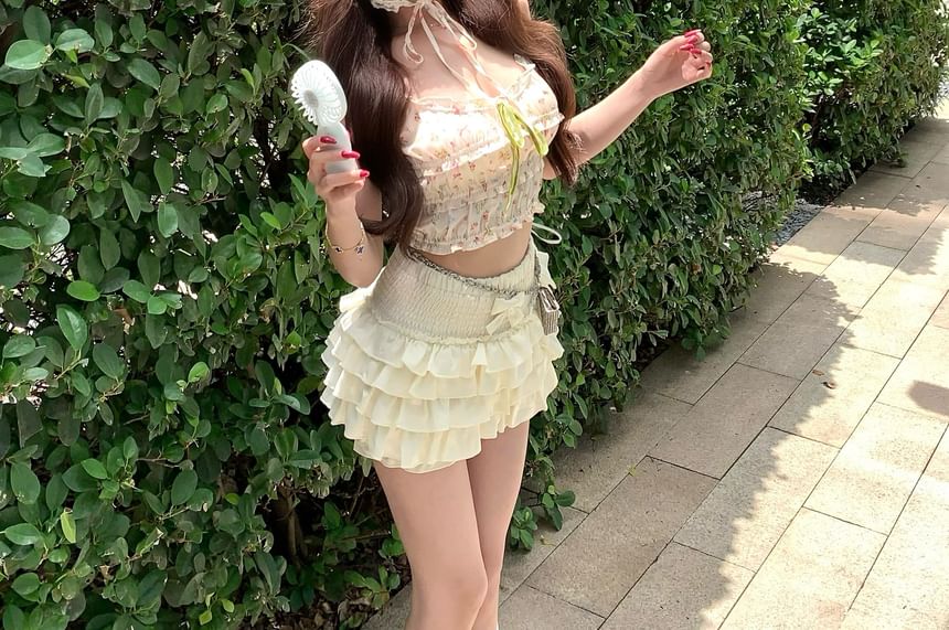 Floral Print Bow Frill Panel Crop Camisole Top / Elastic Waist Plain Bow Tiered Mini A-Line Skirt