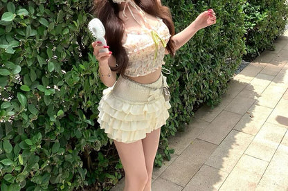 Floral Print Bow Frill Panel Crop Camisole Top / Elastic Waist Plain Bow Tiered Mini A-Line Skirt