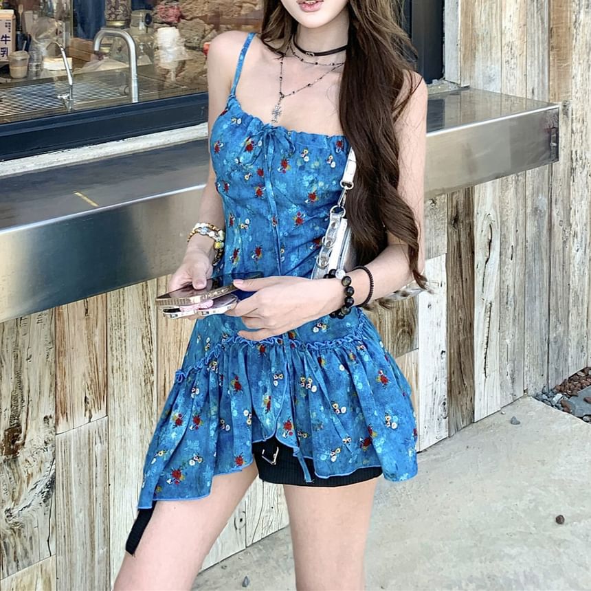 Floral Print Asymmetrical Tie-Up Cami Top