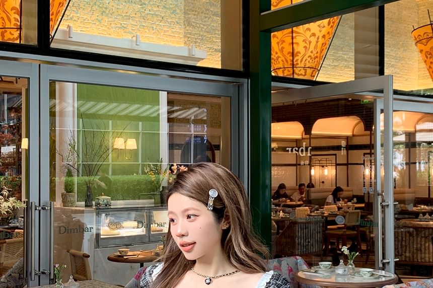 Short Sleeve Square Neck Plaid Bow Shirred Top