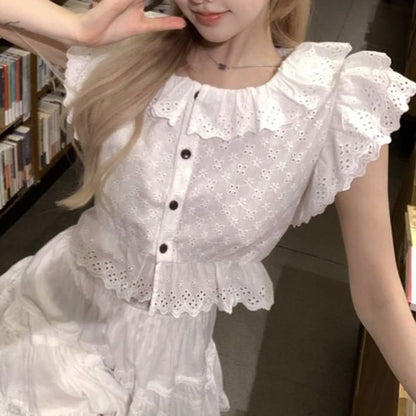 Cap Sleeve Collared Plain Embroidered Eyelet Ruffle Blouse