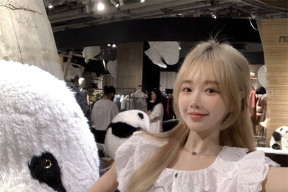 Cap Sleeve Collared Plain Embroidered Eyelet Ruffle Blouse