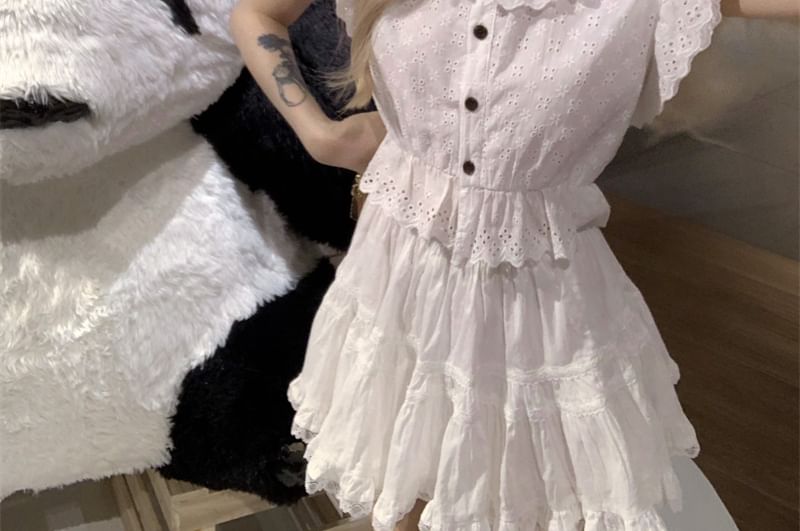 Cap Sleeve Collared Plain Embroidered Eyelet Ruffle Blouse