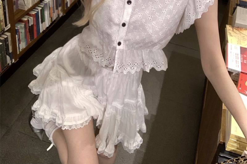 Cap Sleeve Collared Plain Embroidered Eyelet Ruffle Blouse