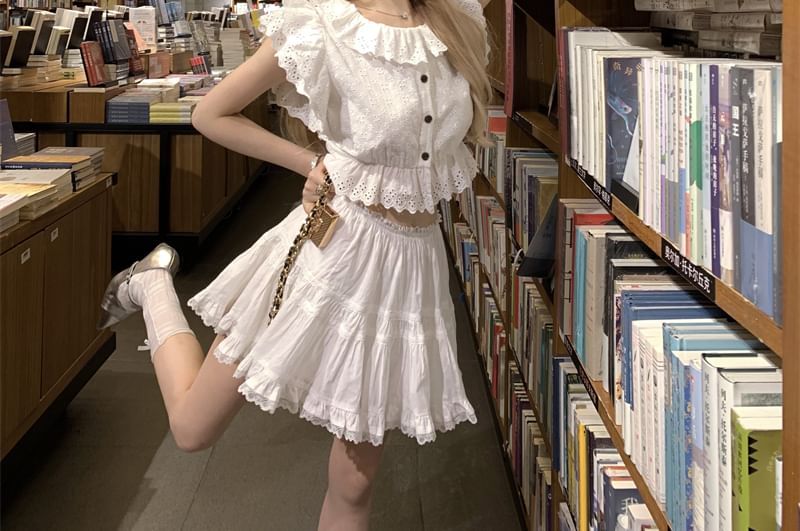 Cap Sleeve Collared Plain Embroidered Eyelet Ruffle Blouse