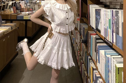 Cap Sleeve Collared Plain Embroidered Eyelet Ruffle Blouse