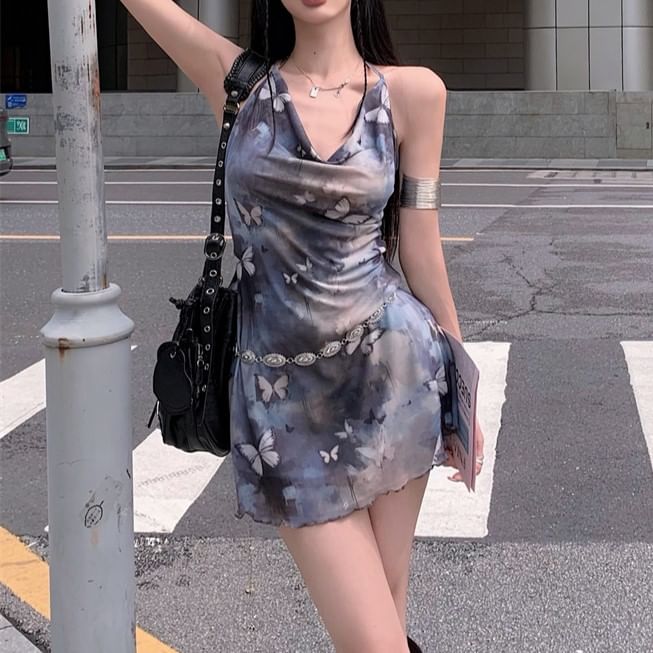 Sleeveless Cowl Neck Butterfly Mini A-Line Print Dress