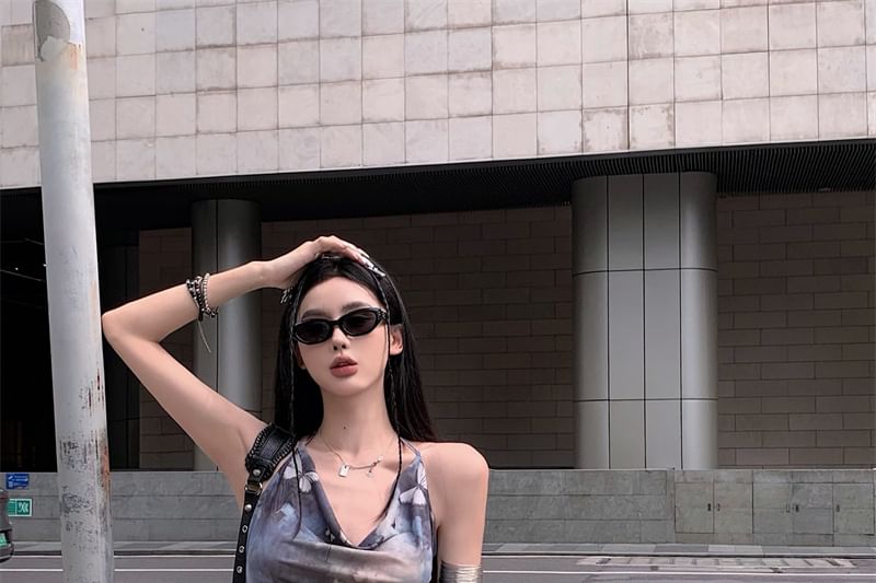 Sleeveless Cowl Neck Butterfly Mini A-Line Print Dress