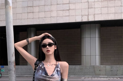 Sleeveless Cowl Neck Butterfly Mini A-Line Print Dress