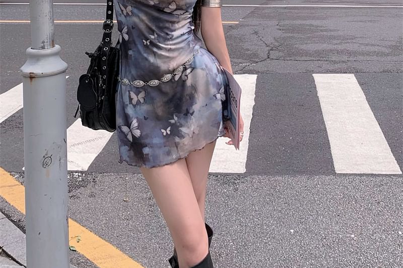 Sleeveless Cowl Neck Butterfly Mini A-Line Print Dress