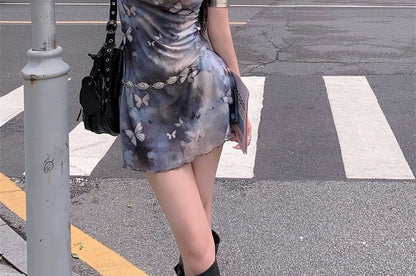 Sleeveless Cowl Neck Butterfly Mini A-Line Print Dress