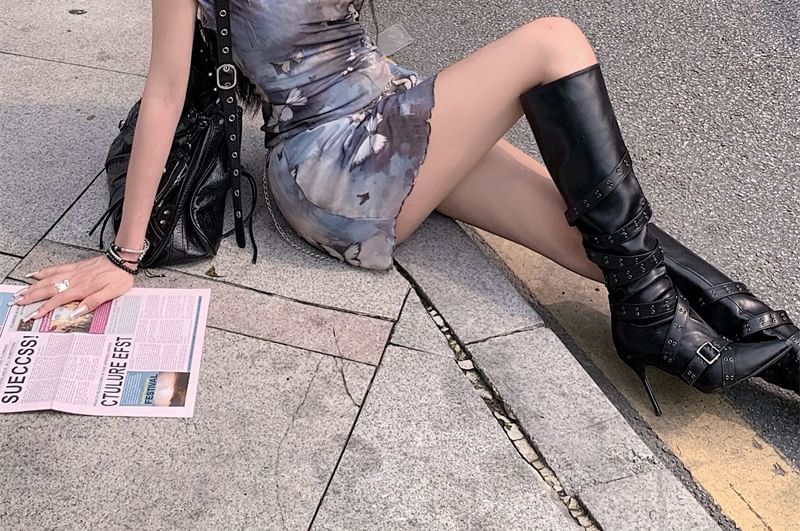 Sleeveless Cowl Neck Butterfly Mini A-Line Print Dress