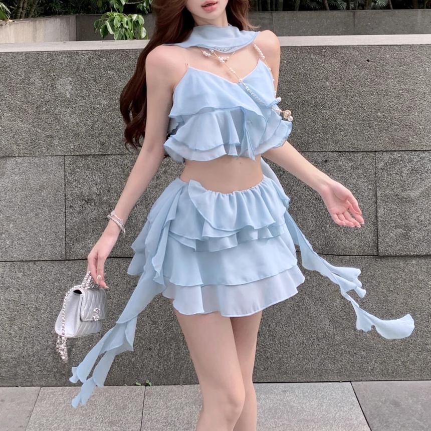 Plain Ruffle Crop Camisole Top / High Waist Tiered Mini A-Line Skirt