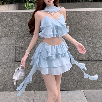 Plain Ruffle Crop Camisole Top / High Waist Tiered Mini A-Line Skirt