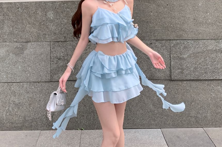 Plain Ruffle Crop Camisole Top / High Waist Tiered Mini A-Line Skirt