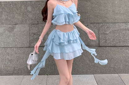 Plain Ruffle Crop Camisole Top / High Waist Tiered Mini A-Line Skirt