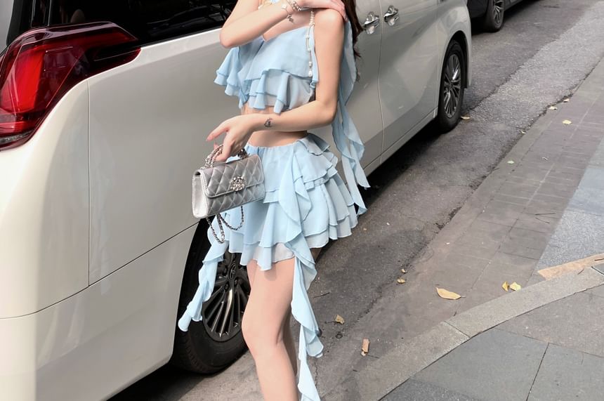 Plain Ruffle Crop Camisole Top / High Waist Tiered Mini A-Line Skirt