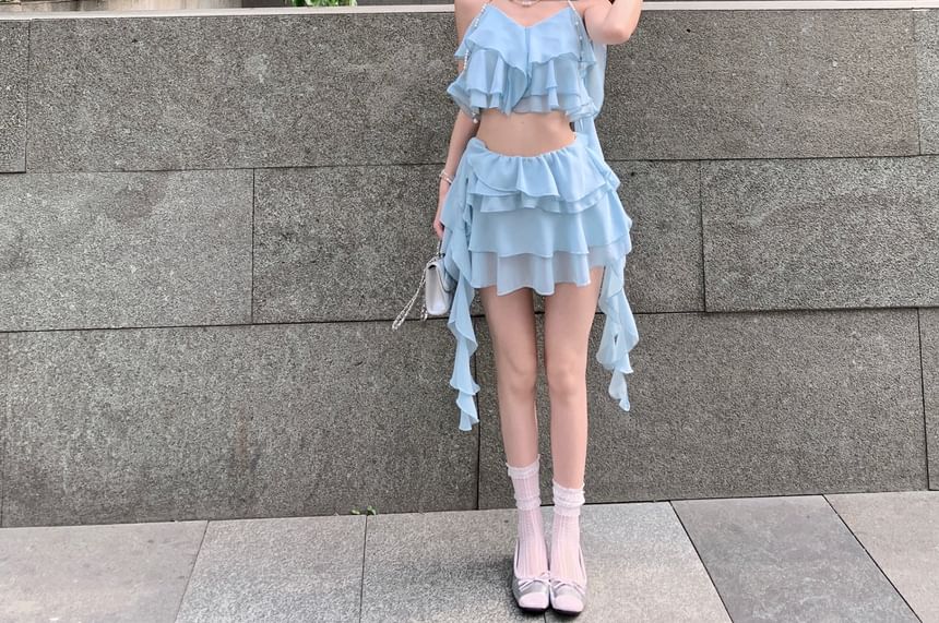 Plain Ruffle Crop Camisole Top / High Waist Tiered Mini A-Line Skirt