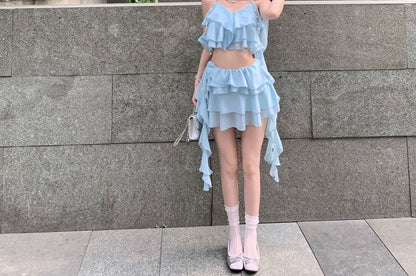 Plain Ruffle Crop Camisole Top / High Waist Tiered Mini A-Line Skirt