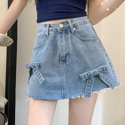 High Waist Washed Bow Fray Mini A-Line Denim Shorts