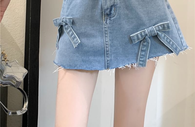 High Waist Washed Bow Fray Mini A-Line Denim Shorts