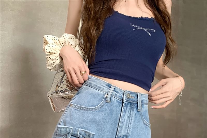 High Waist Washed Bow Fray Mini A-Line Denim Shorts