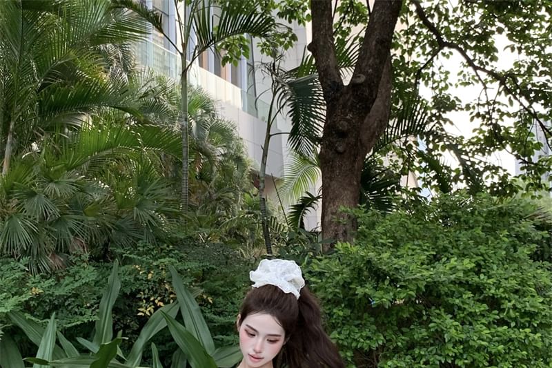 Sleeveless One Shoulder Plain Tie-Up Top / Drawstring Waist Plain Mini A-Line Skirt