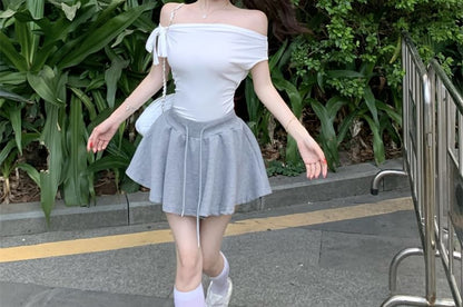 Sleeveless One Shoulder Plain Tie-Up Top / Drawstring Waist Plain Mini A-Line Skirt