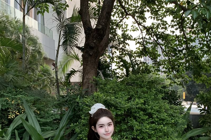 Sleeveless One Shoulder Plain Tie-Up Top / Drawstring Waist Plain Mini A-Line Skirt