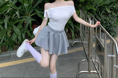 Sleeveless One Shoulder Plain Tie-Up Top / Drawstring Waist Plain Mini A-Line Skirt