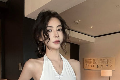 Halter Plain Asymmetrical Ruffle Top