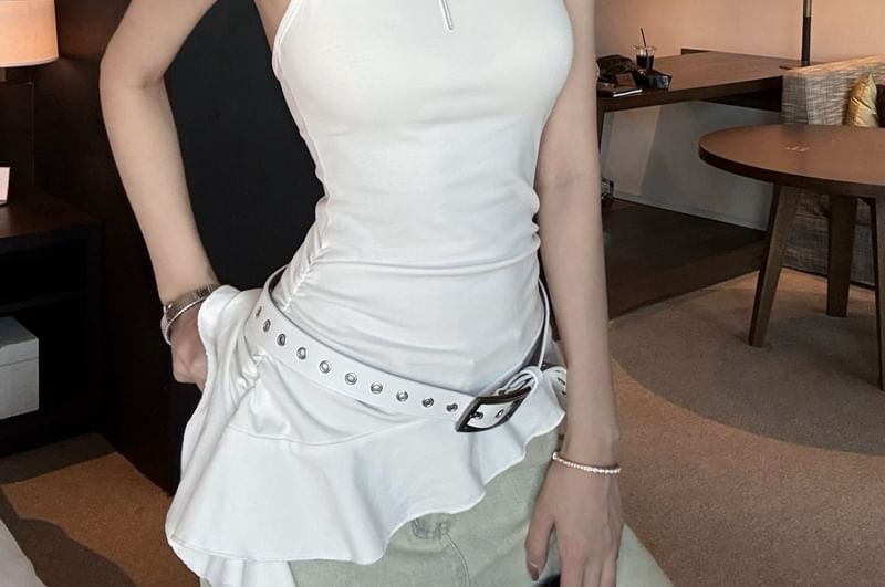 Halter Plain Asymmetrical Ruffle Top