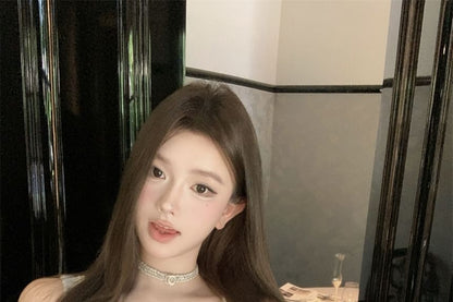 Set: Sleeveless Scoop Neck Beaded Faux Pearl Button Tweed Crop Top + High Waist Mini Pencil Skirt