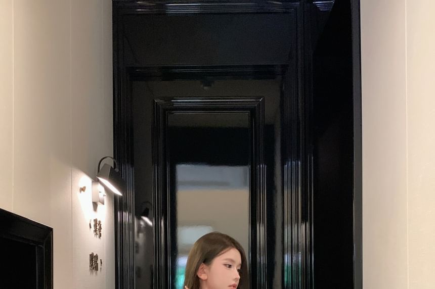 Set: Sleeveless Scoop Neck Beaded Faux Pearl Button Tweed Crop Top + High Waist Mini Pencil Skirt