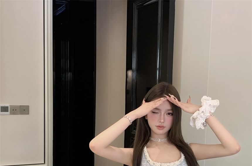 Set: Sleeveless Scoop Neck Beaded Faux Pearl Button Tweed Crop Top + High Waist Mini Pencil Skirt