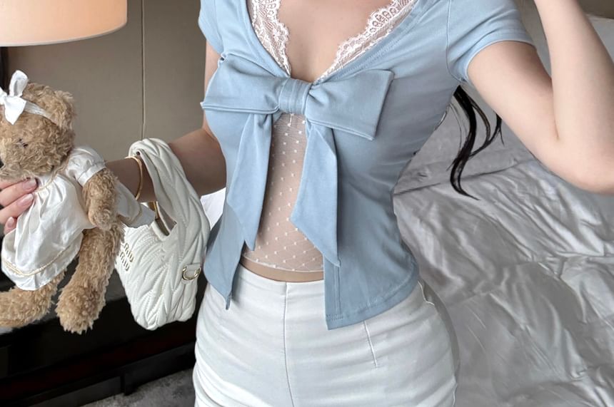 Short Sleeve V-Neck Bow Panel Lace Top